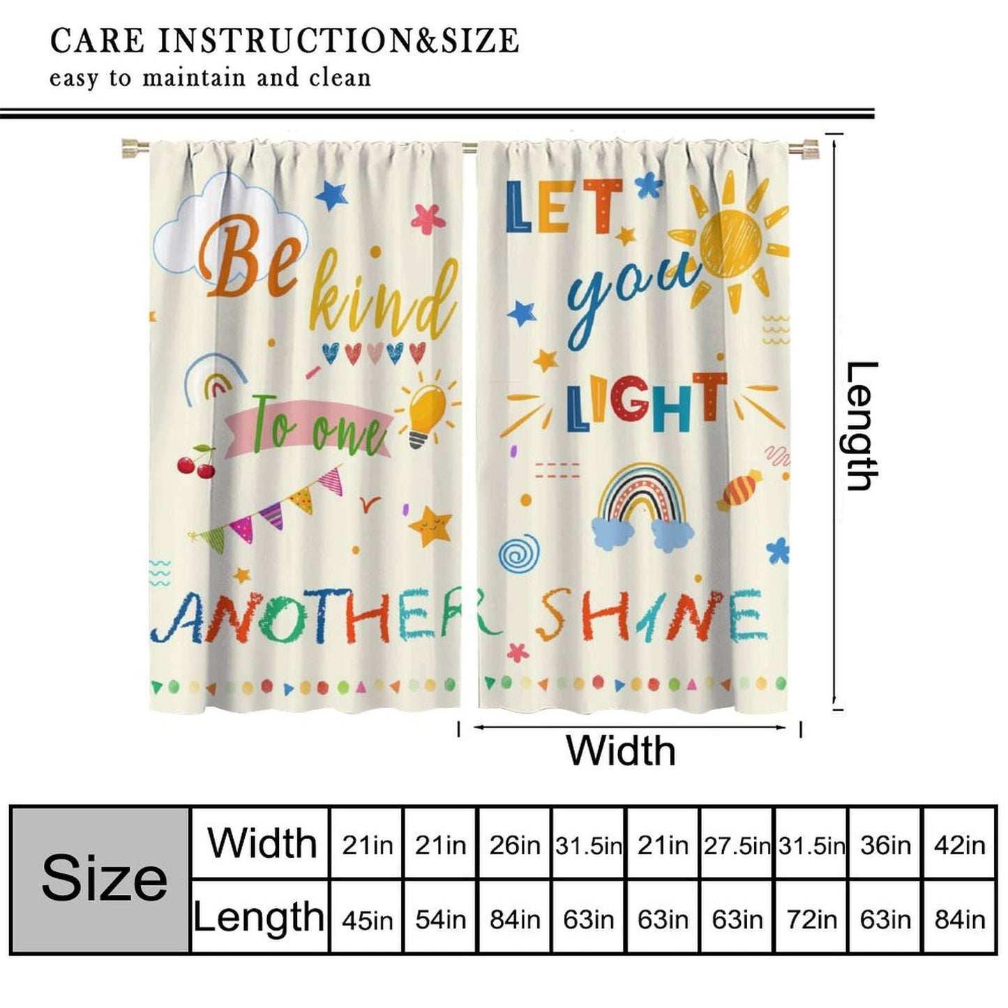 AAVEUP Cartoon Curtains for Kids,Colorful Early Childhood Learning Education Sun Rainbow Stars Cute Quotes Window Drapes for Nursery Boys Girls Bedroom Living Room 42x45in（No Blackout）