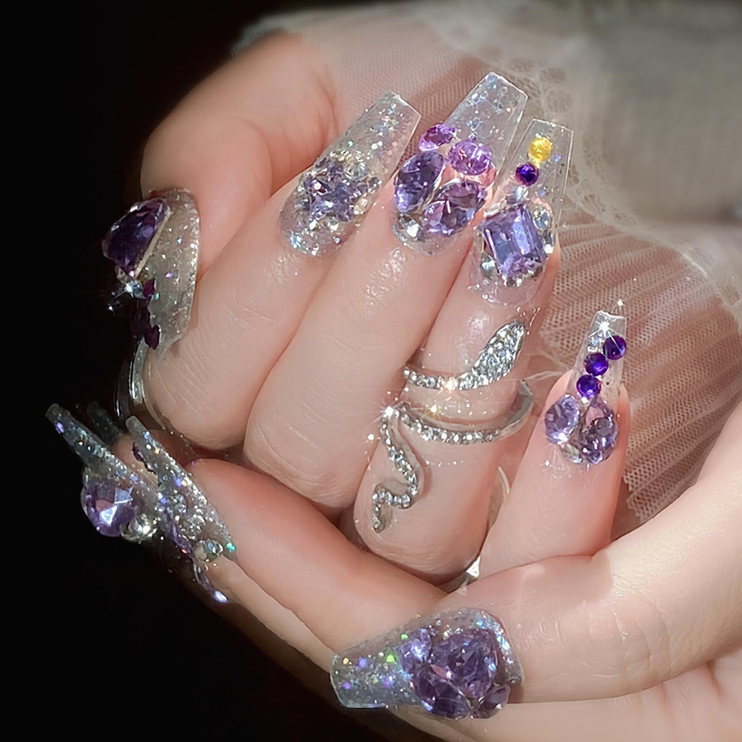 IMSOHOT Purple Press on Nails Long Coffin Fake Nails Glossy Acrylic False Nails with Bling Rhinestone Designs Glitter Glossy White Artificial Beallerina Handmade Reusable Stick on Nails