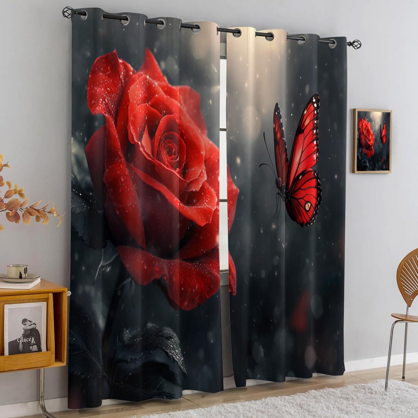 JAXIUOF Red Flowers Curtains 84 Inch Long 2 Panels Butterfly Rose Plants Blackout Curtains, Romantic Floral 3D Printed Drapes, Grommet Top Window Treatments for Bedroom Office Kitchen