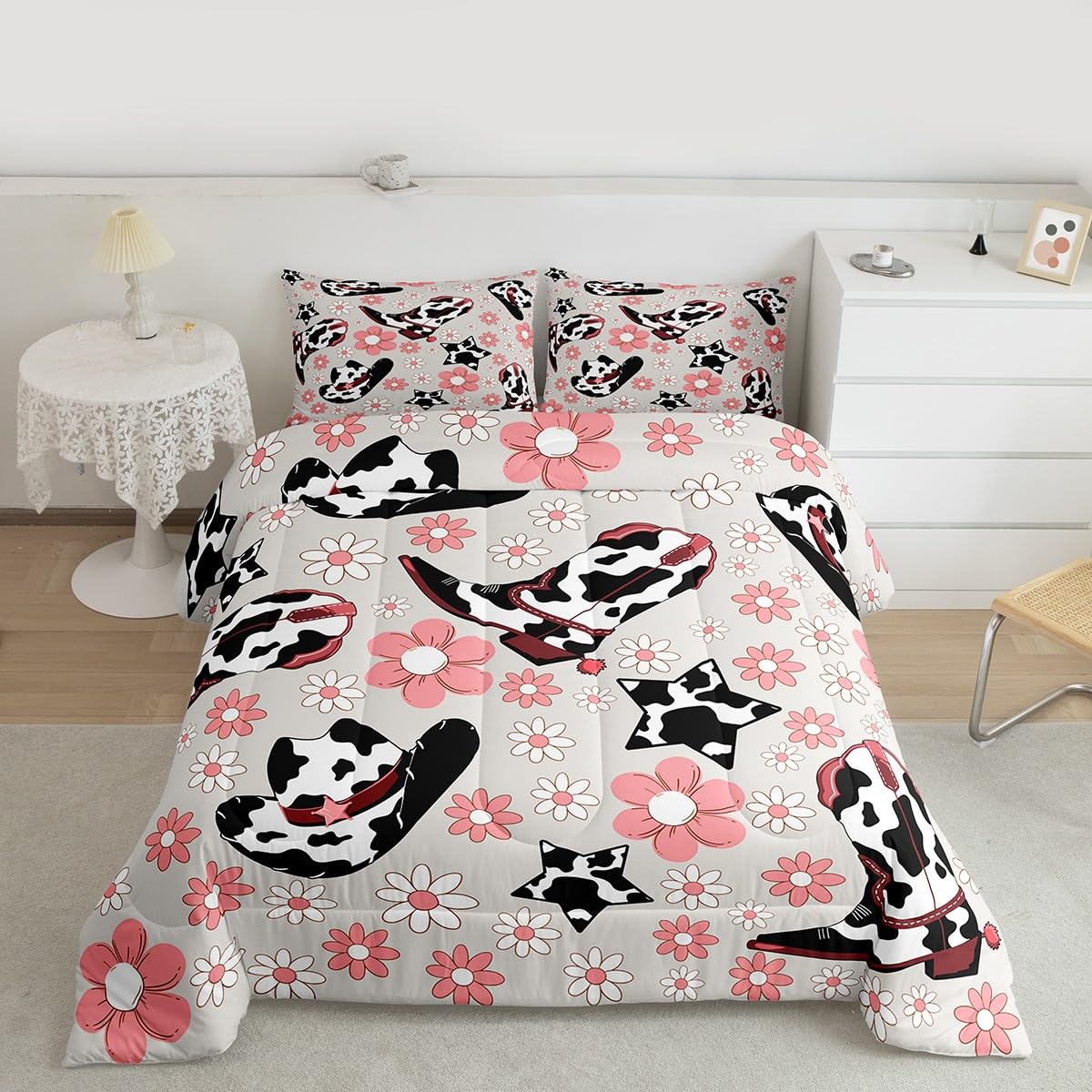 Feelyou Western Bedding Set Soft for Boys Girls, Cowgirl Floral Comforter Set Full Size Western Cowboy Boots Duvet Quilt Wild West Cactus Flower Bedroom Decor Gray Pink 3 Pcs with 2 Pillow Cases
