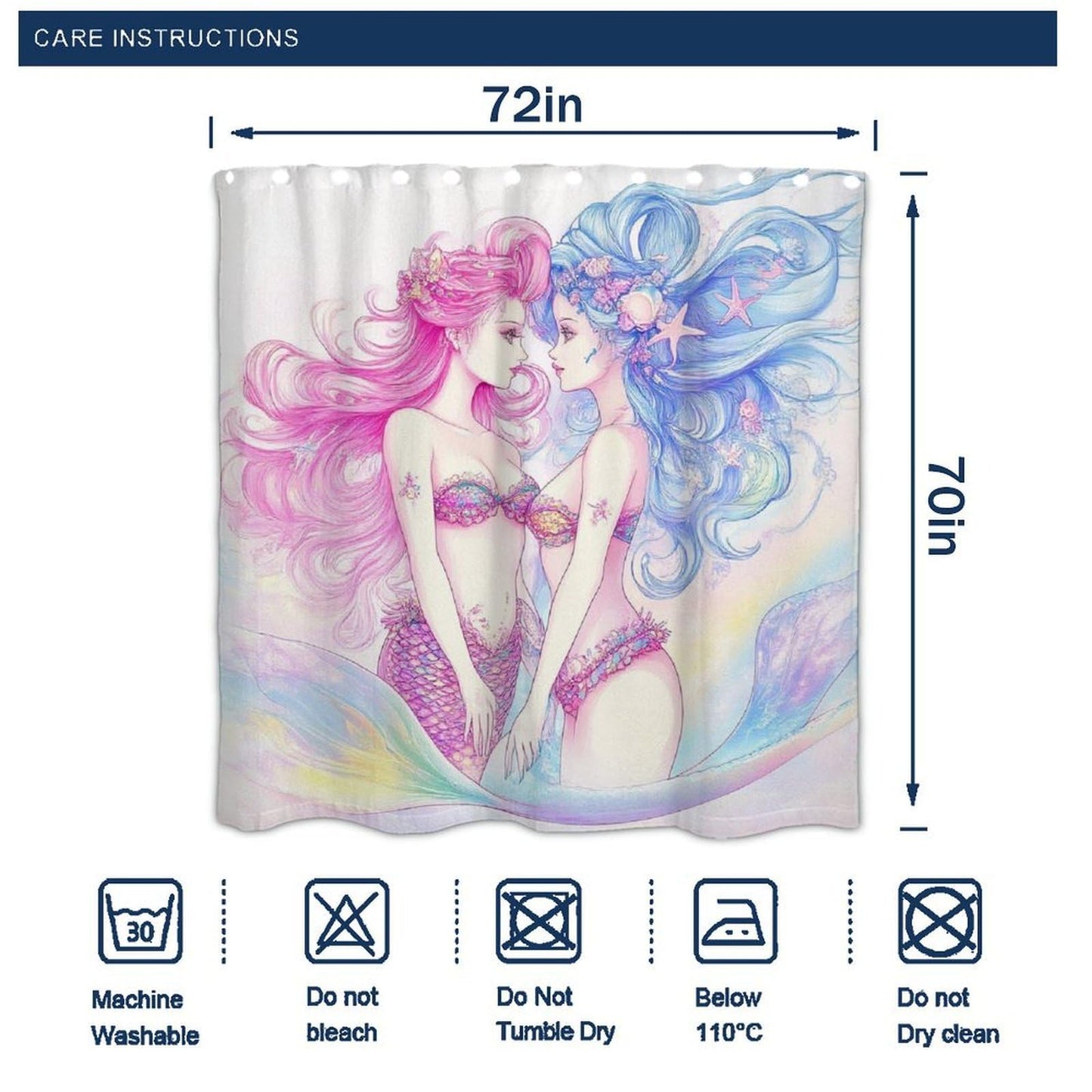 Curtain Bathroom Decoration, Shower Curtain Set with Curtain Hooks Lesbian Mermaid Anime Girl Love LGBT Pride, 72" x 70"