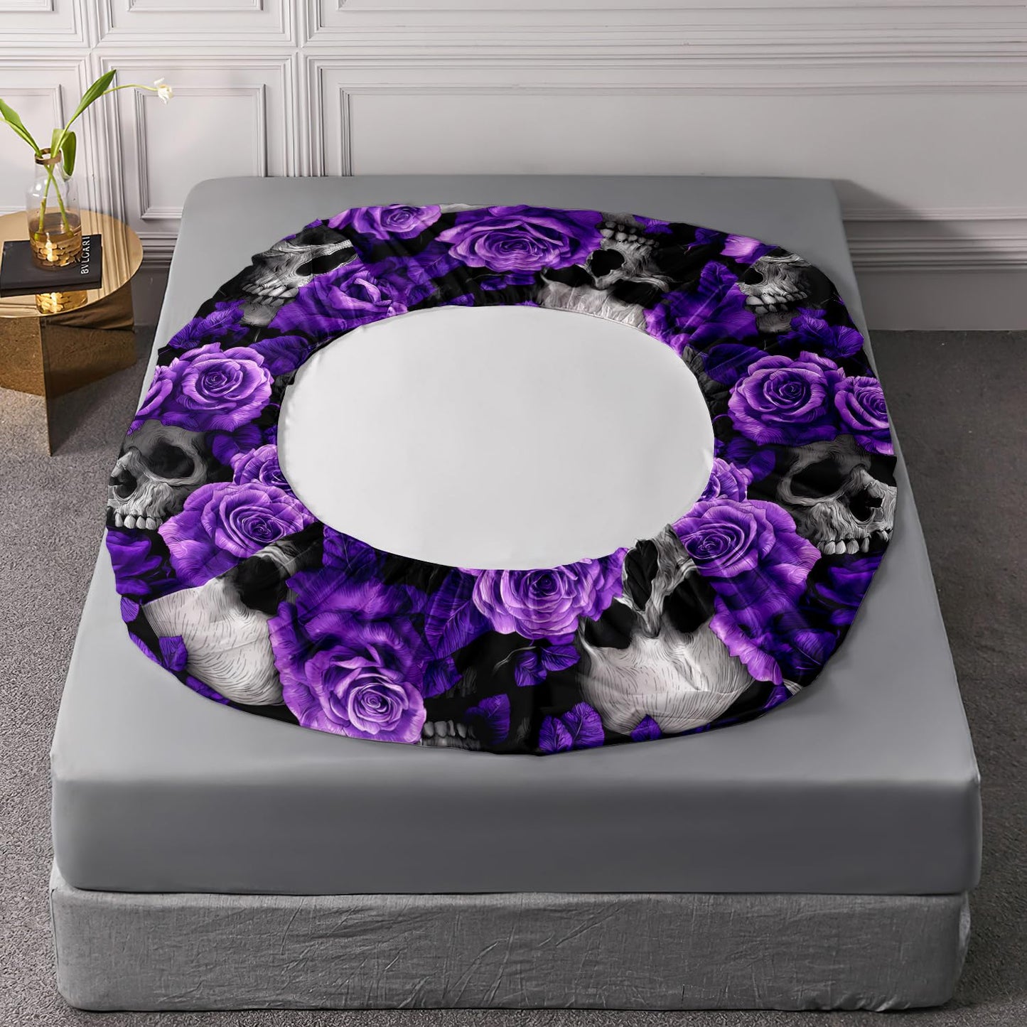 HOSIMA Death Skull Fitted Sheet Full,Skull Head and Flowers Printed Gothic Bedding,Horror Themed Floral Bedding for Girls Women Halloween Room Decor,1 Fitted Sheet+2 Pillowcases.
