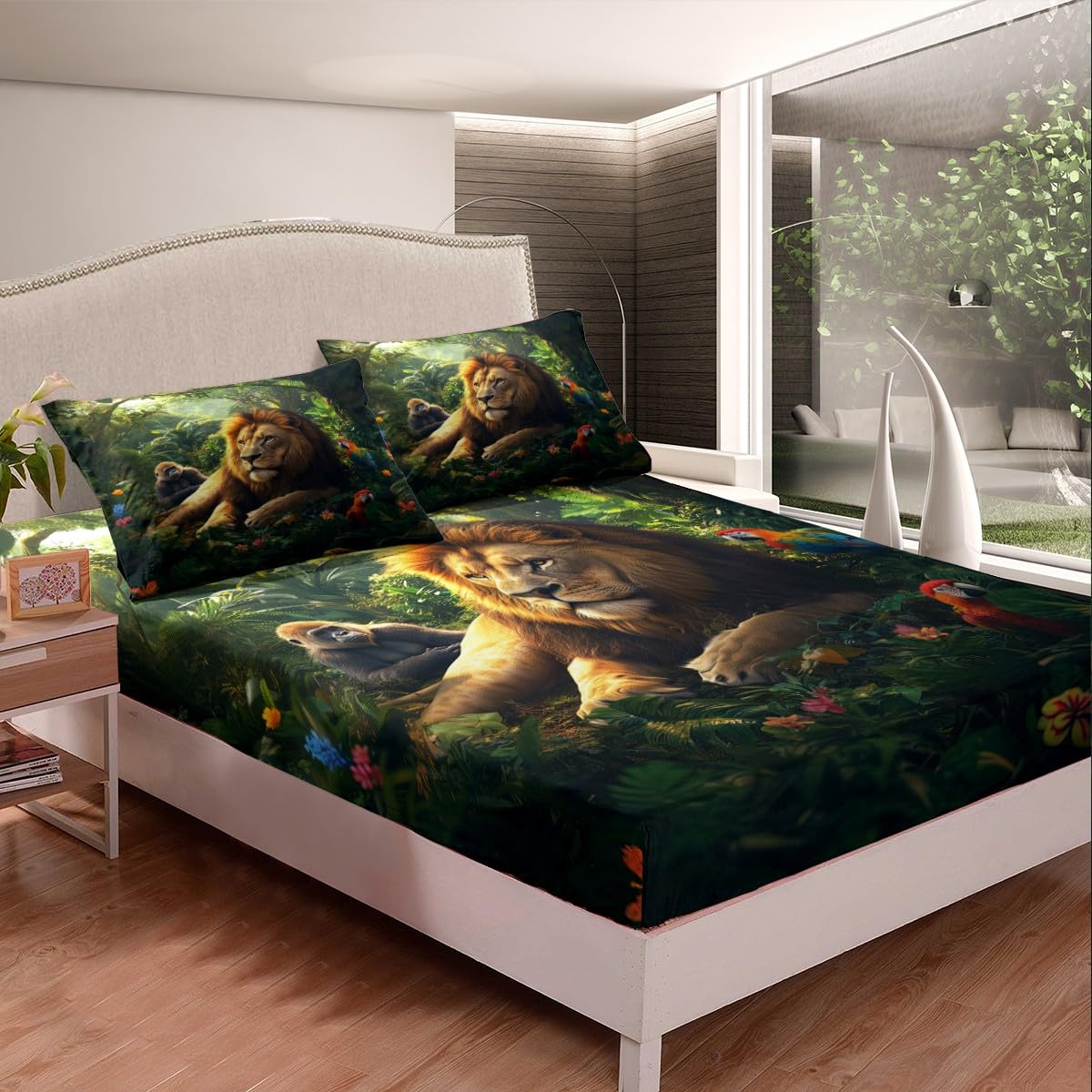3D Lion Bedding Sets Full Size,Gorilla Parrot Bed Sheets 4Pcs,Tropical Jungle Trees Floral Fitted Sheet for Kids Boys Girls Adult Room Decor,Nature Wild Animals Top Flat Sheet,2 Pillowcases
