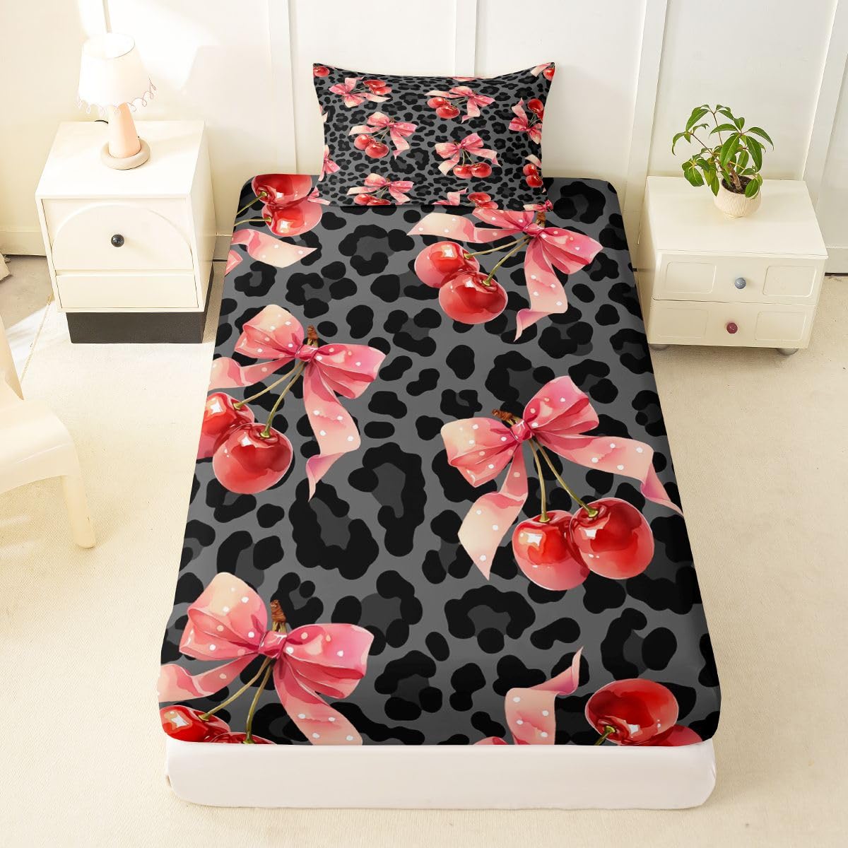 jejeloiu Black Cherry Bow Fitted Sheet Twin Size for Kids Boys Girls Leopard Print Bowknot Bed Sheets Set 16" Deep Pocket Dreamy Princess Bowknot Bedding with 1 Pillowcase Room Decor