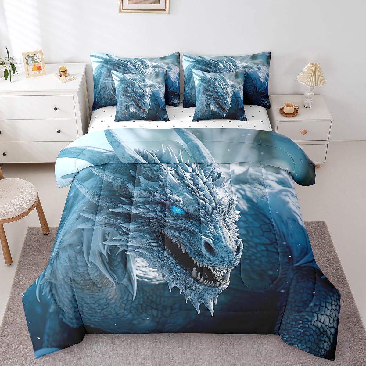 7Pcs 3D Dragon Comforter Sets & Collections Ice Dragon Queen Size Bedding Sets for Boys 3D Blue Dragon Comforter with Sheets, Mysterious Wildlife Style Quilt Comforter Set Bed in a Bag 7-Piece