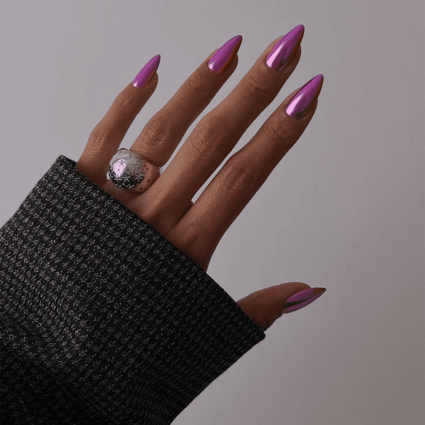 Purple Chrome Press on Nails Medium Almond,KQueenest Mirror Metal Stiletto Fake Acrylic Nails with Bling Design, Reusable Glue on Nails for Daily Party Wear, False Nails Press ons in24 PCS