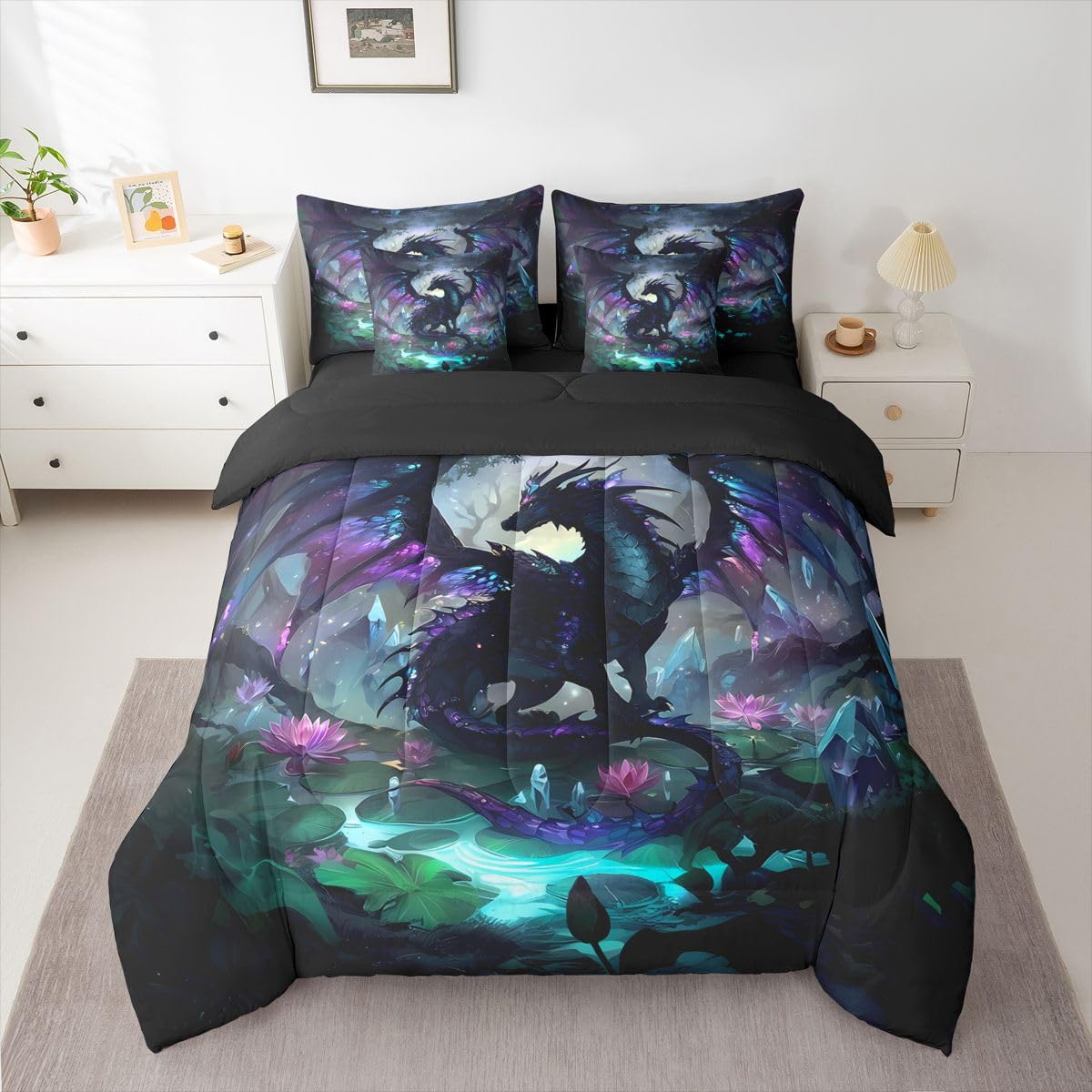 Feelyou Dragon Comforter Set with Sheets 7 Piece Twin Size Dragon Stuff Bedding Set for Kids Boys Girls Wild Life Bed in a Bag Magic Wildlife Room Decor Black Purplish Soft Lightweight Microfiber