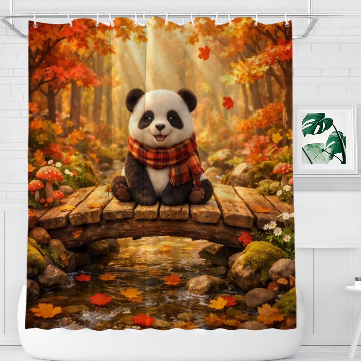 REZHOCH Autumn Forest Funny Panda Shower Curtain 72x72 Inch,Cute Animal Rustic Fall Nature Scenic Maple Leaves Creek Bridge Bathroom Decor,Farmhouse Woodland Boho Bath Set