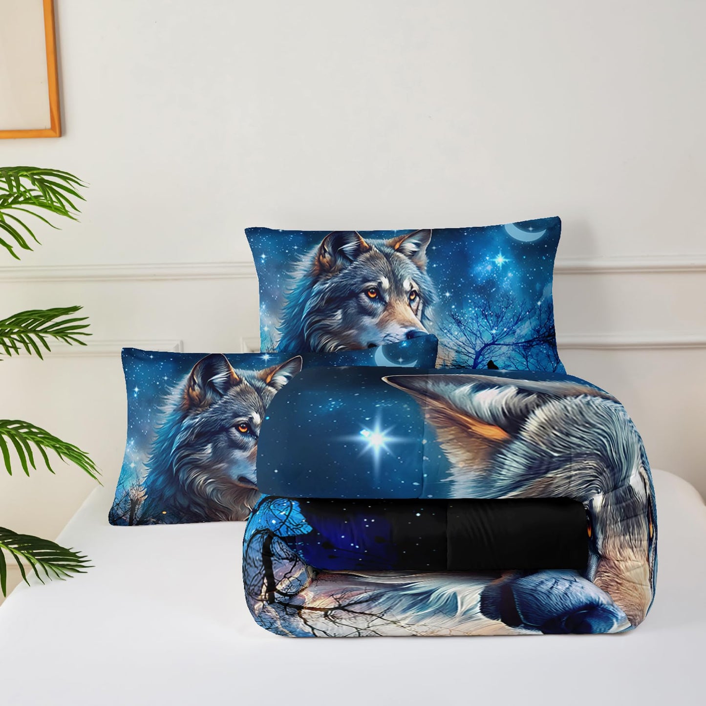 lneffble Wolf Comforter Set Twin for Boys Girls,Wolf Night Moon Galaxy Bed Set,Woodland Wild Animals Theme Comforter Set with 2 Pillowcase,Rustic Blue Black Bedding Set for Bedroom Decor