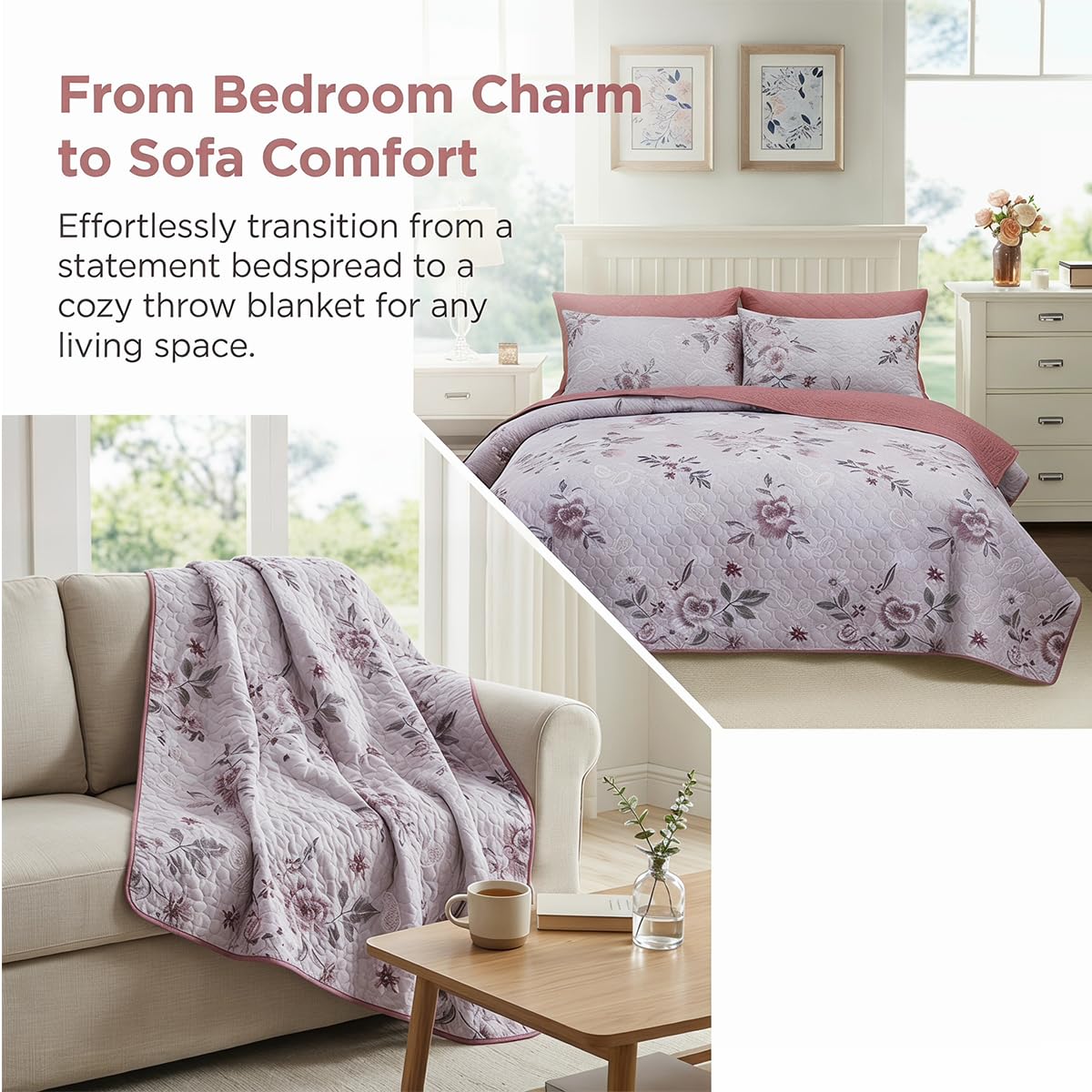 SANOCAY Boho Floral Quilt Set King Size, 3 Piece Lightweight Summer Bedding Set with 2 Pillow Shams, Soft Reversible Microfiber Bedspread, Farmhouse Coverlet for All Season (Dark Purple Rose, King)