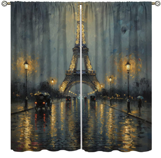 PHTAYOT Paris Eiffel Tower Curtains Vintage Modern Oil Painting Night European Building Design Pattern Decor Window Treatments for Bedroom Living Room,2 Panels Set,42x45 Inch