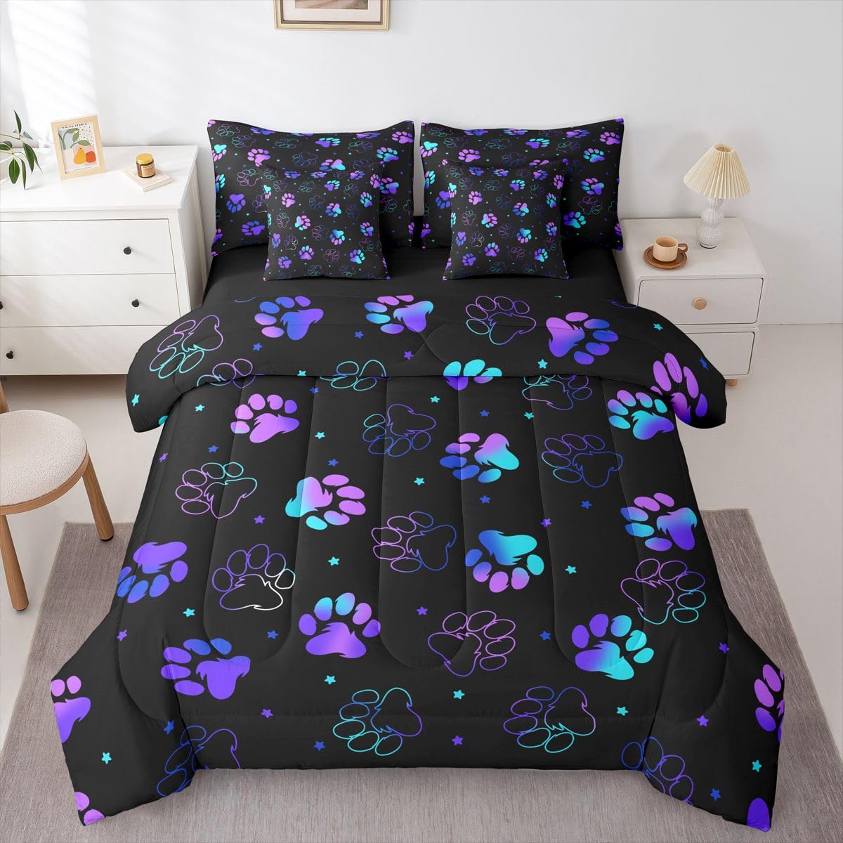Feelyou Dog Paw Print Comforter Set with Sheets 7 Piece Full Size Pet Animal Bed in a Bag Kids Boys Girls Puppy Dog Bedding Set Cute Bedroom Decor Kawaii Breathable Soft Lightweight Microfiber