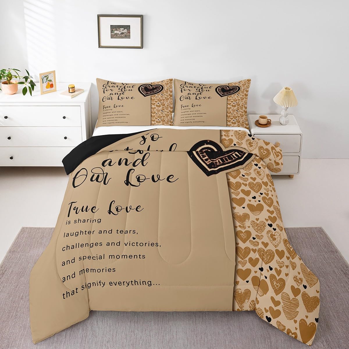 Erosebridal Romantic Motto Bedding Queen,Love Hearts Comforter Set for Lovers Couple,Valentine Gifts Down Comforter,True Love Bedding Comforter Sets for Wedding Engagement