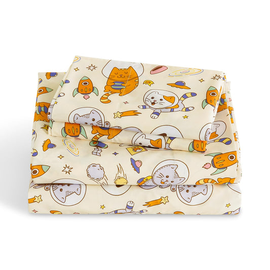 LONAVA Twin Sheet Set Kids - 3 Pieces Soft Microfiber Cartoon Style Bedsheets for Boys Girls Teens, Oeko TEX, Breathable Deep Pocket Sheets, (Space Cat)