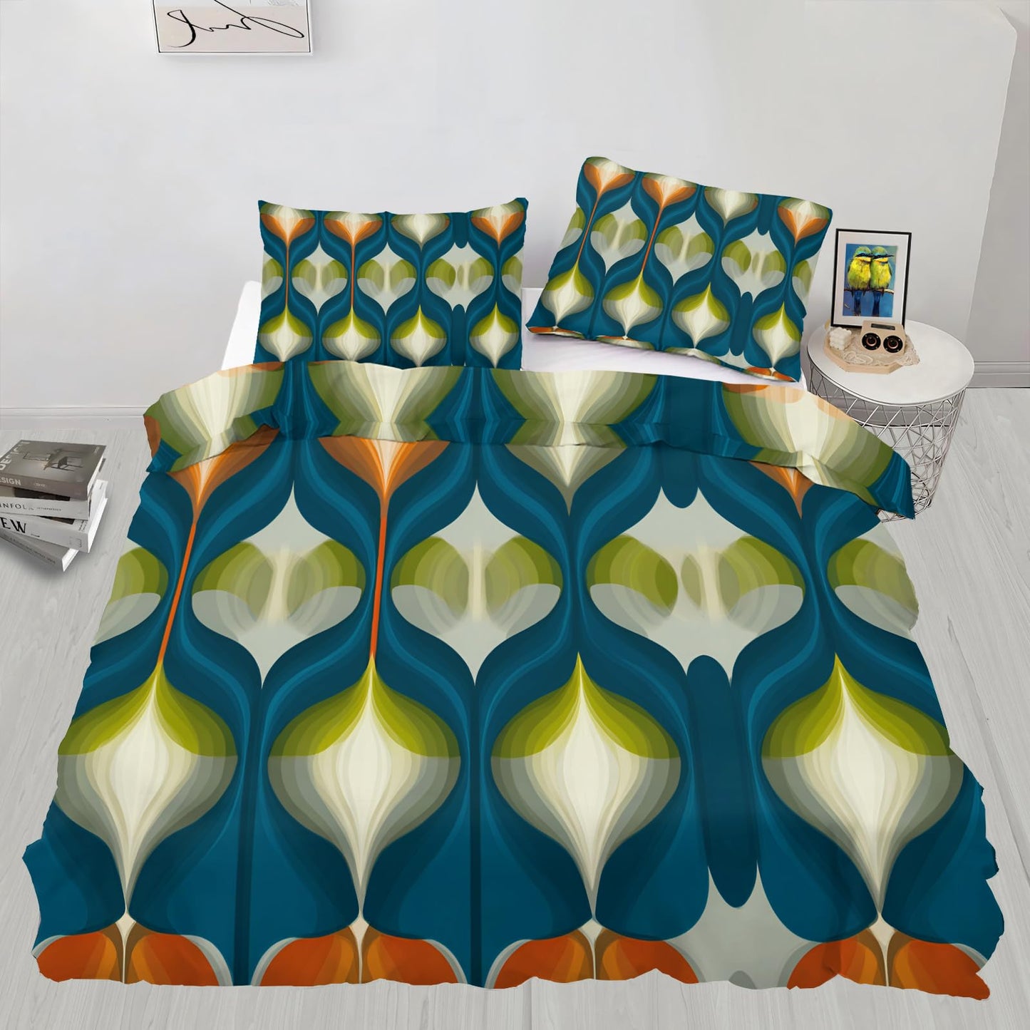 ZAOMIR Mid Century Modern Duvet Cover Queen Size, Groovy Abstract Retro Bedding Set 3 Piece, Blue Green Geometric Patterned Comforter Cover with Zipper Soft Microfiber, 2 Pillowcases