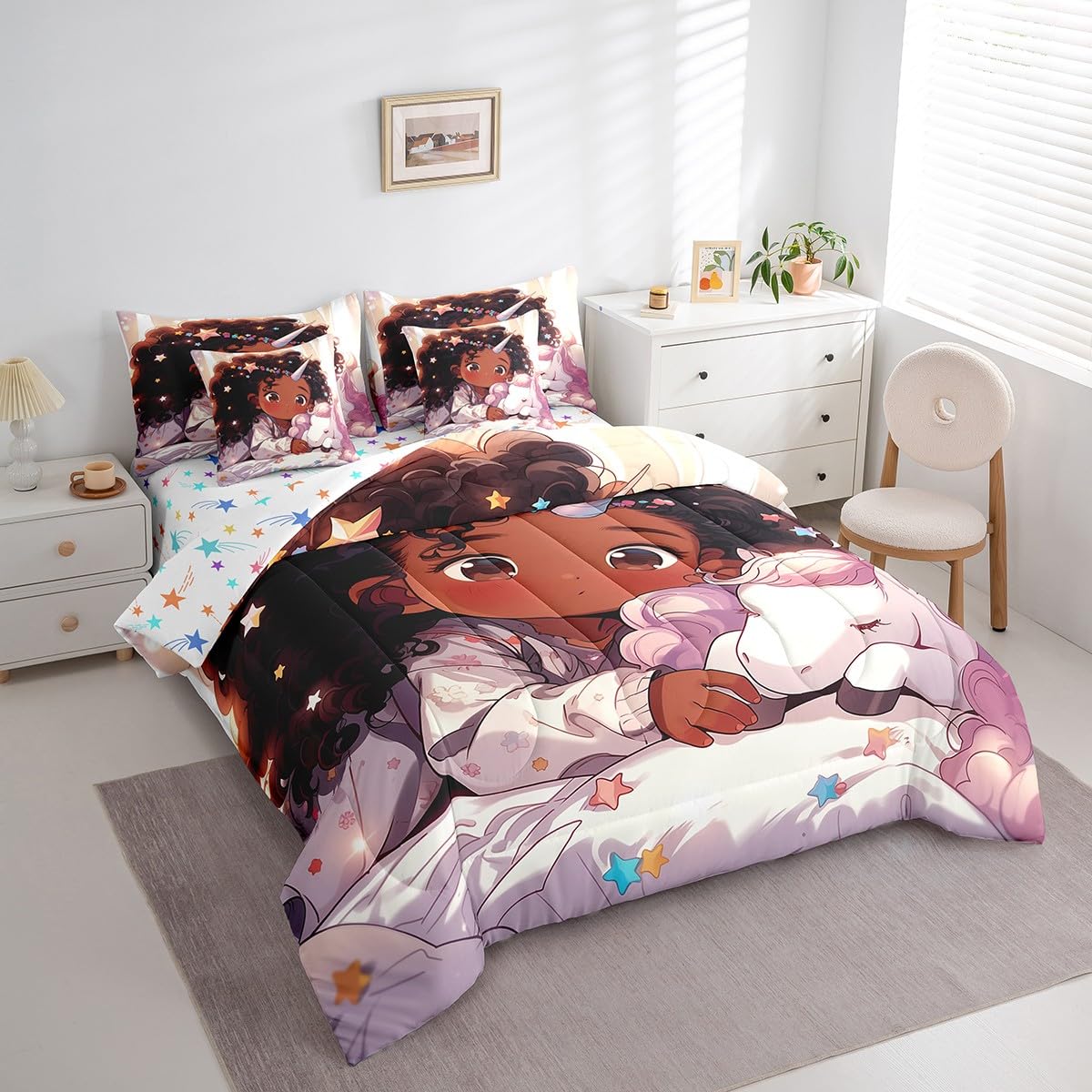 Cute Black Girl 7Pcs Comforter Set Full Size,Unicorn Bedding Sets for Kids Girls Boys,Africa Style American Bed in a Bag Dreamy Stars Fitted Sheet Flat Sheet,2 Throw Pillow 2 Pillowcases