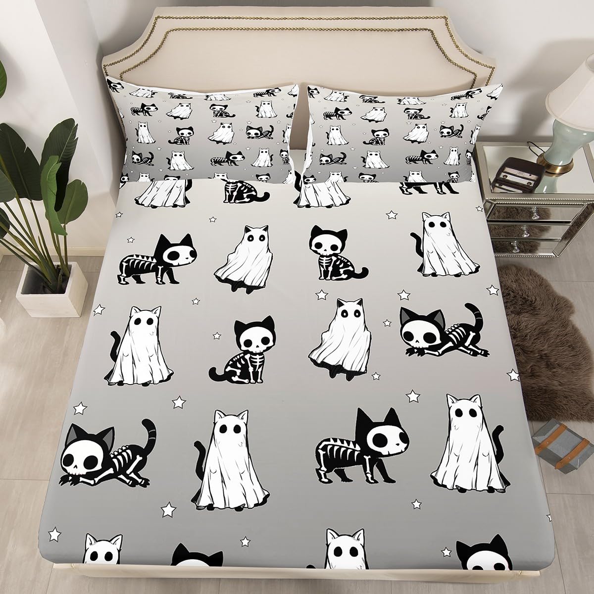 Ghost Cat Bedding Sets Queen Size,Happy Halloween Fitted Sheet 3Pcs for Kids Girls Boys Adult Room Decor,Cat Skeleton Bed Sheet Black Grey White Deep Pocket Sheet,2 Pillowcases