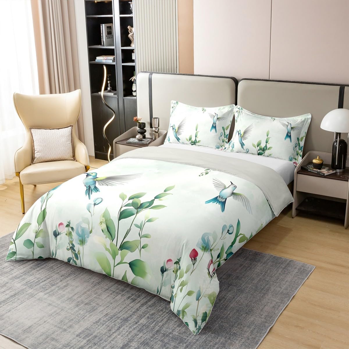 Erosebridal Turquoise Hummingbird Full Bedding Set, Abstract Grass Green Leaf 100% Cotton Duvet Cover for Kids Adults, Boho Mint Green Comforter Cover, Watercolor Botanical Aesthetic Bedclothes
