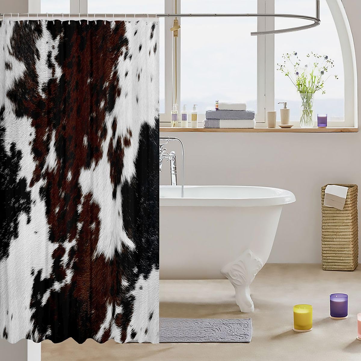 jejeloiu Cow Fur Print Shower Curtain for Bathroom Decor Brown Cowhide Bath Curtain Western Farm Animal Skin Bathroom Accessories Farmhouse Waterproof Polyester Fabric for Stalls Bathtubs 72"x72"