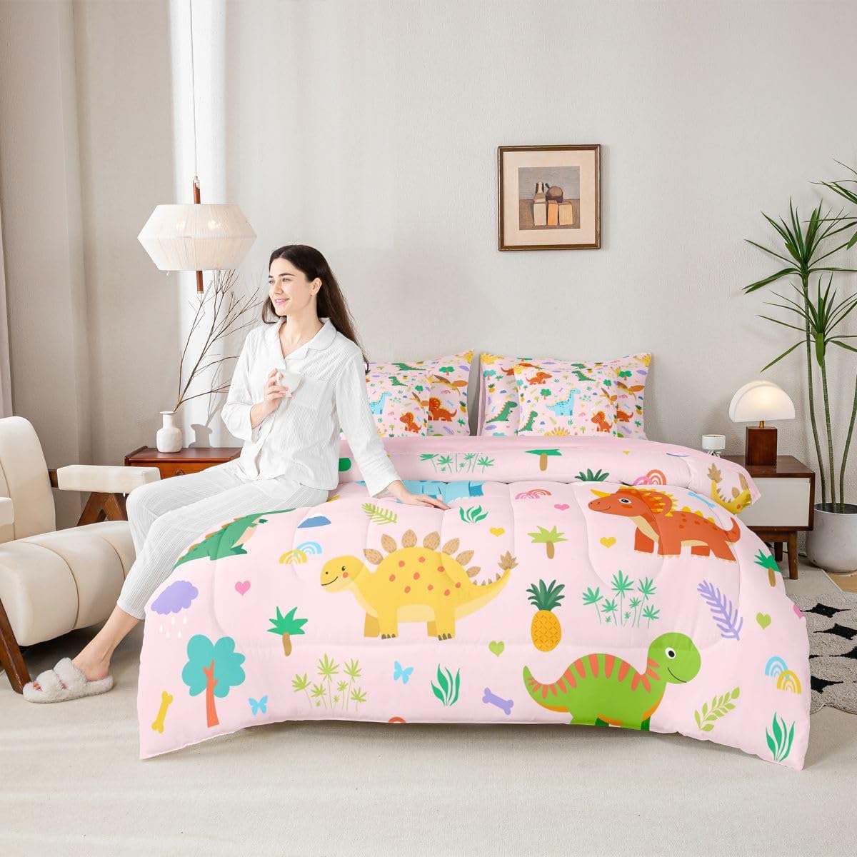 Feelyou Kids Cute Dinosaur Comforter Set with Sheets 7 Piece Full Size Pink Dinosaur Bed in a Bag Kids Boys Girls Cute Animal Bedding Set Bedroom Decor Breathable Soft Lightweight Microfiber