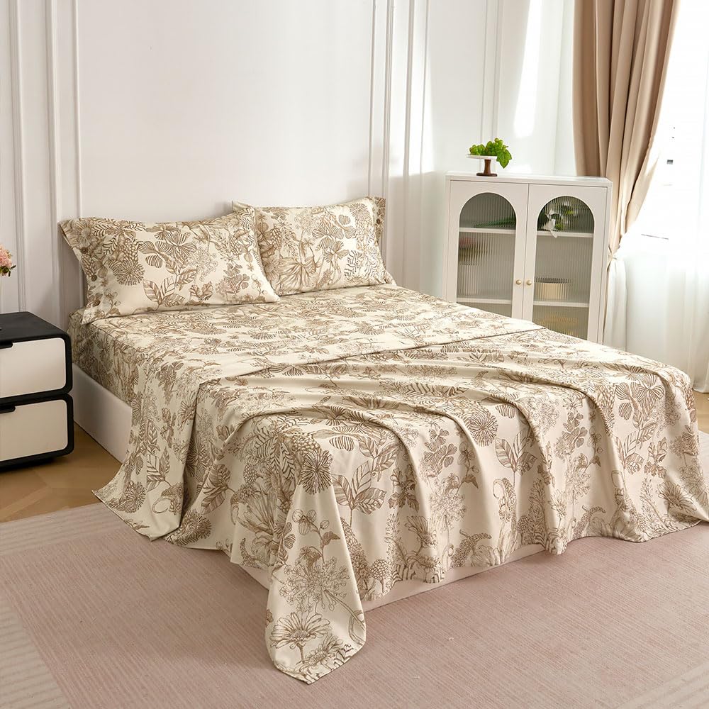 Zusbest Beige Queen Sheet Set 400TC 100% Cotton Flannel-Like Warm Luxury Brown Toile Floral Bed Sheets 4Pc Deep Pocket 17.5‘', Botton Pillowcases Double Brushed Extra Soft Breathable, French Country