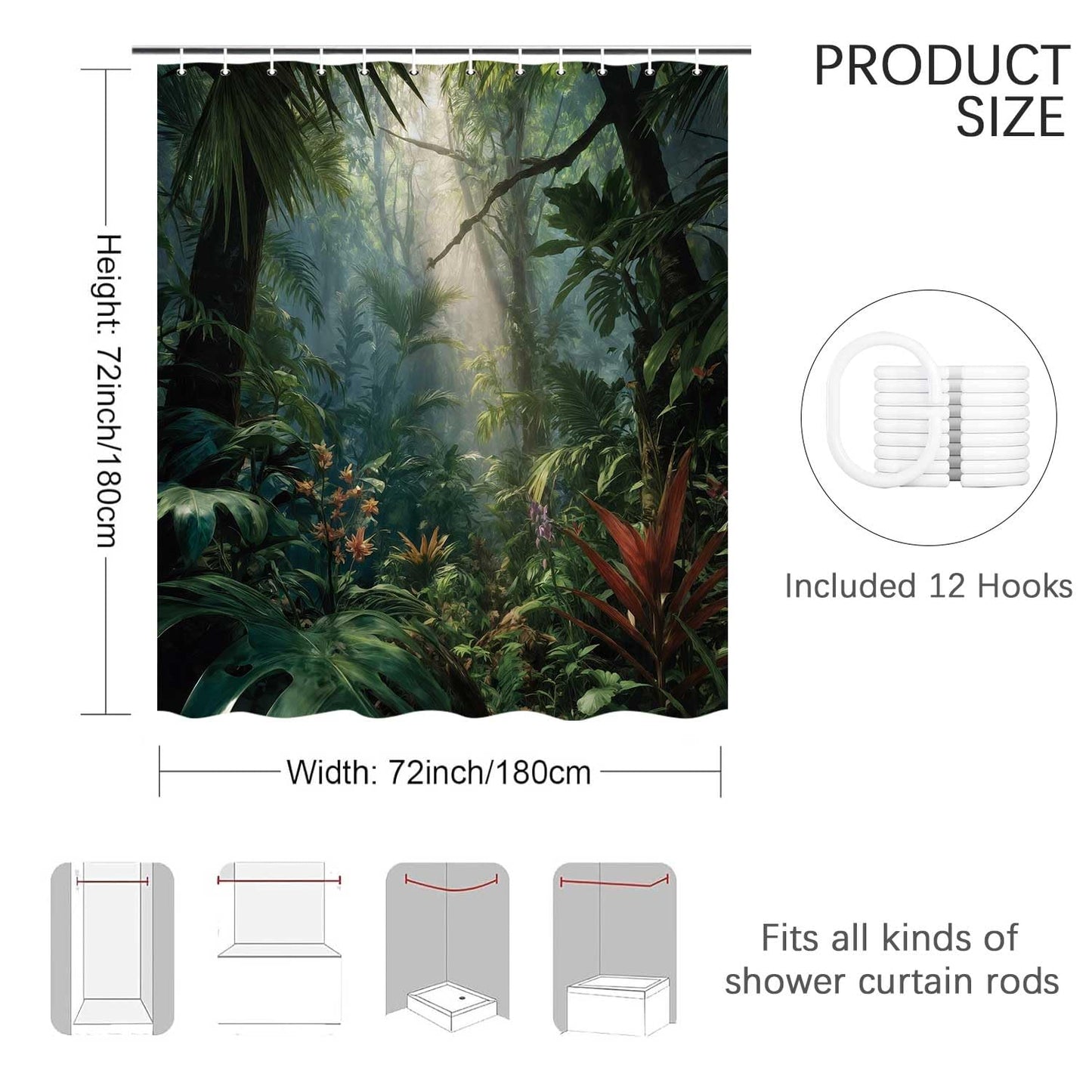 iTapnoom Jungle Shower Curtain Rainforest Green Bathroom Decor 72 x 72