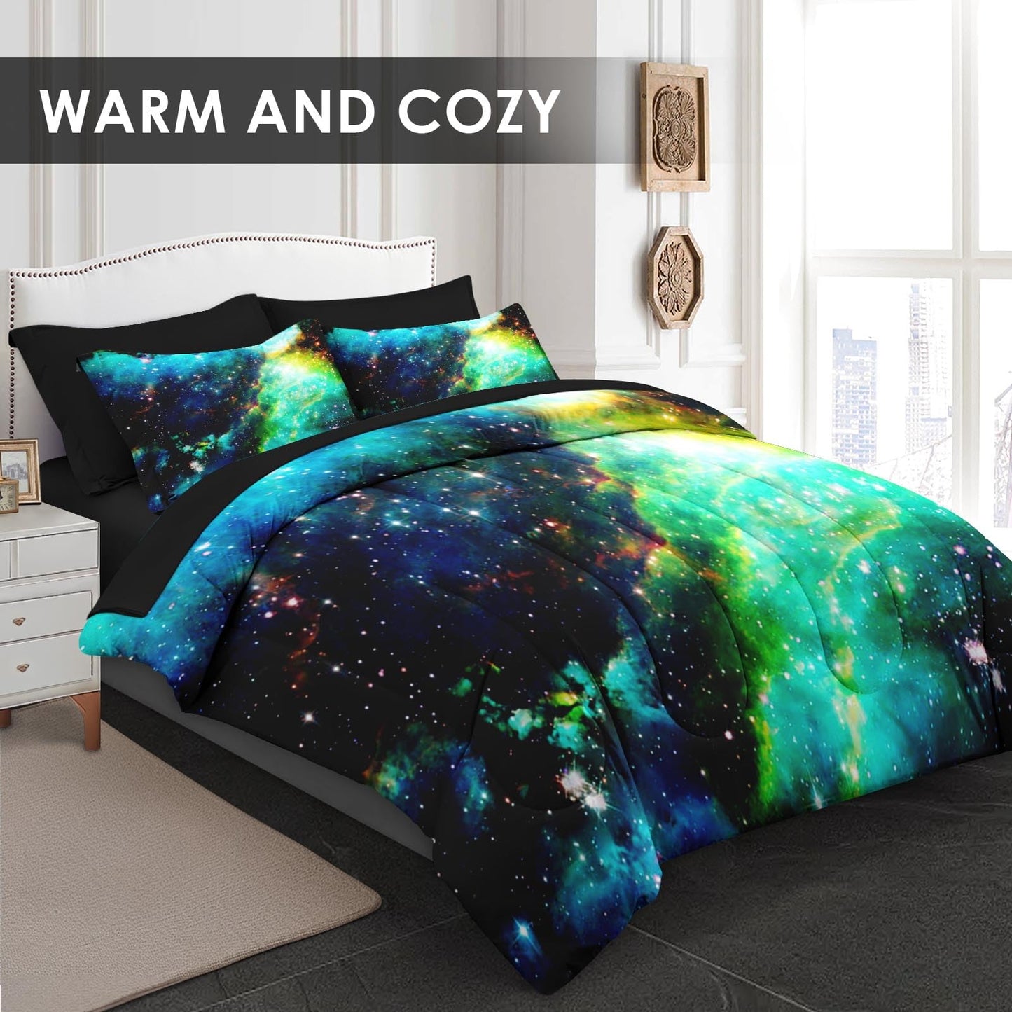 Pamnest Comforter Set Full Size, Outer Space Star Bedding for Kids and Adults, Galaxy Planets Bed Sheet Sets with Fitted Sheet 2 Pillowcases & 2 Shams for Bedroom Bed Decor