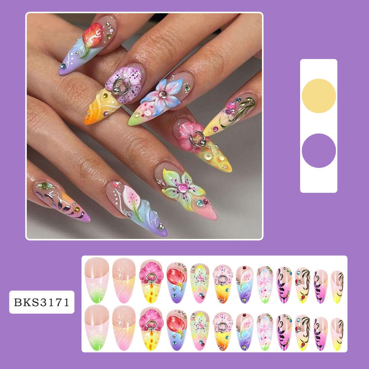 Summer Long Press on Nails Almond Fake Nails Flowers Colorful Artificial Nail with Rhinestone Beach Designs Stick on Nail for Women 24pcs