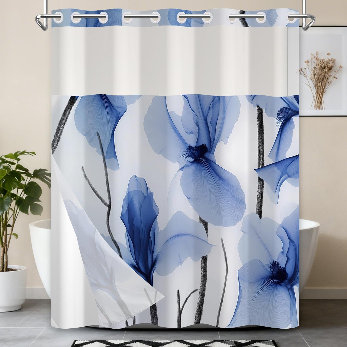 Xiazhilaio No Hook Iris Shower Curtain with Snap in Liner 71”W x74”H