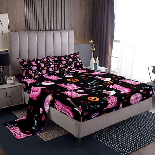Erosebridal Music Gift Bed Sheets Set for Women Girls King Cowgirl Music Theme Sheet Set Western Horseshoe Guitar Disco Ball Sheets Black Flat Fitted Sheet 4 Pcs for Music Lover Fans