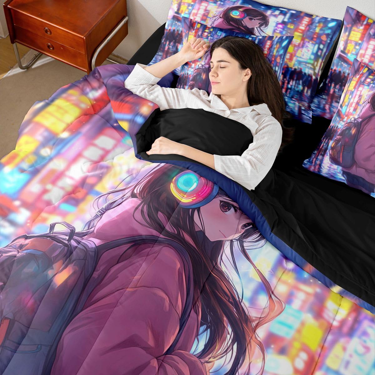 Erosebridal Cool Anime Girl Bedding Set Japanese Style Kids Full Comforter Set 7 Piece 3D Cartoon Girly Anime Bed in A Bag Sci Fi Style Gaming Sheet Set with Comforter Room Decor