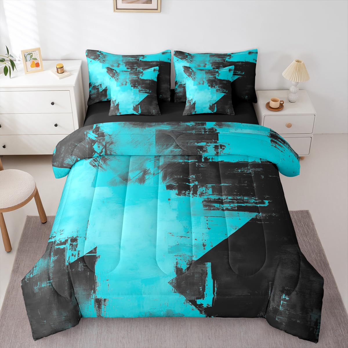 Feelyou Abstract King Comforter Set with Sheets for Kids Boys Girls Modern Abstract Art 7 Pieces Bedding Set Luxury Bed in a Bag Geometric Room Decor Lake Blue Soft Lightweight Microfiber
