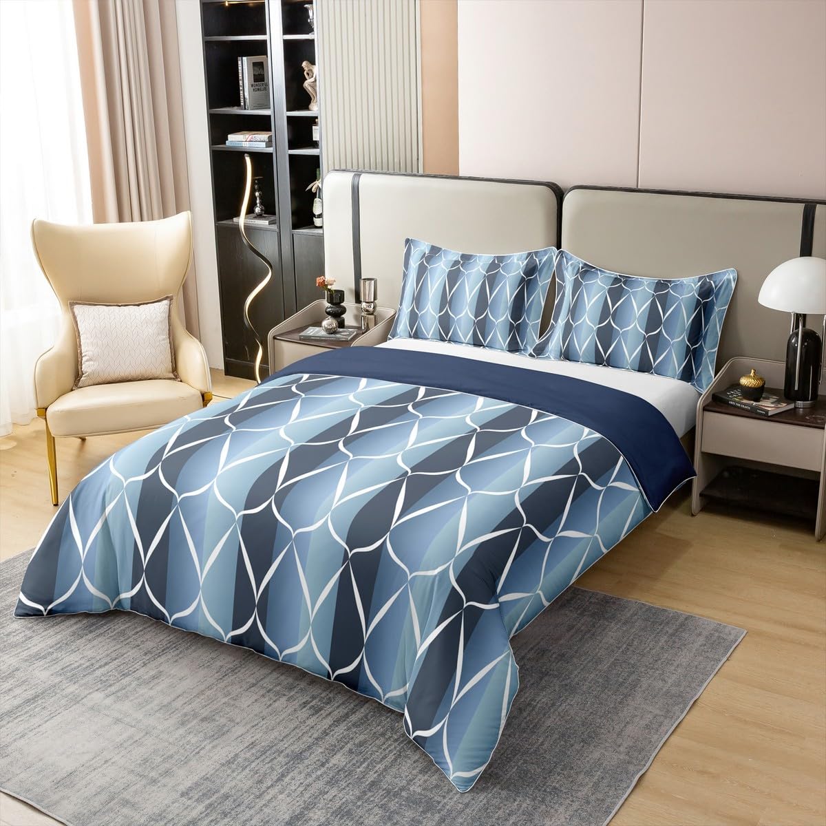 Erosebridal 100% Cotton Aegean Blue Abstarct Duvet Cover Queen for Adult Women Men Geometric Striped Comforter Cover for Minimalists Aesthetic Lines Bedding Set Contemporary Boho Modern Art Bed Set