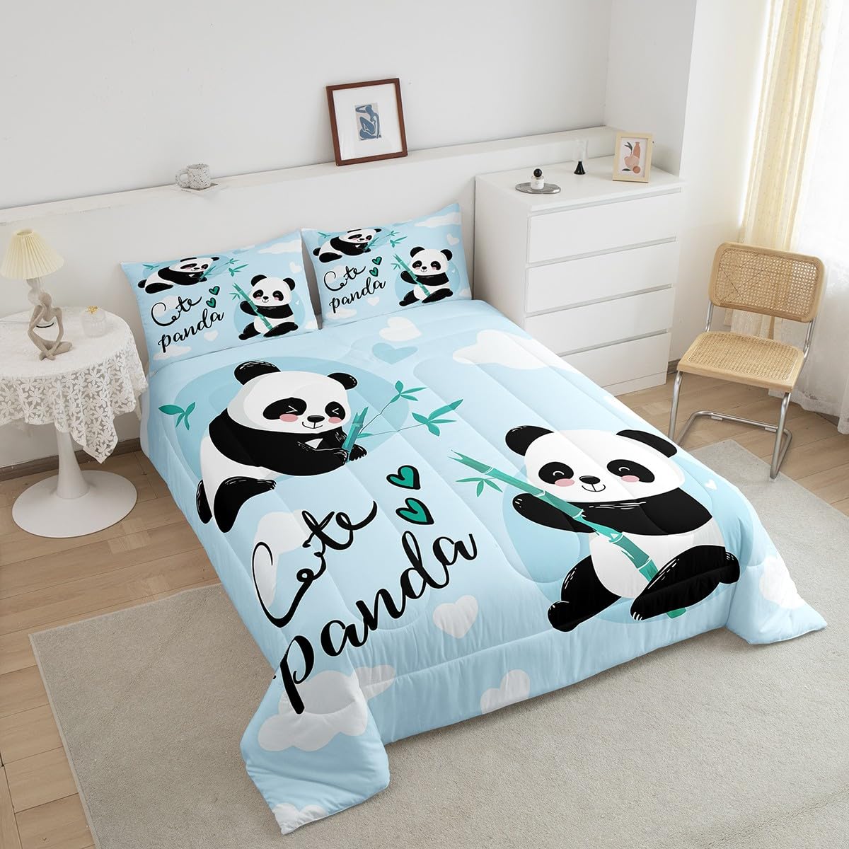 Feelyou Cute Panda Bedding Set Cartoon Panda Comforter Set for Kids Boys Girls Animal Theme Comforter Kawaii Animal Quilt Set Blue 1 Comforter Set with 2 Pillowcases Full Size