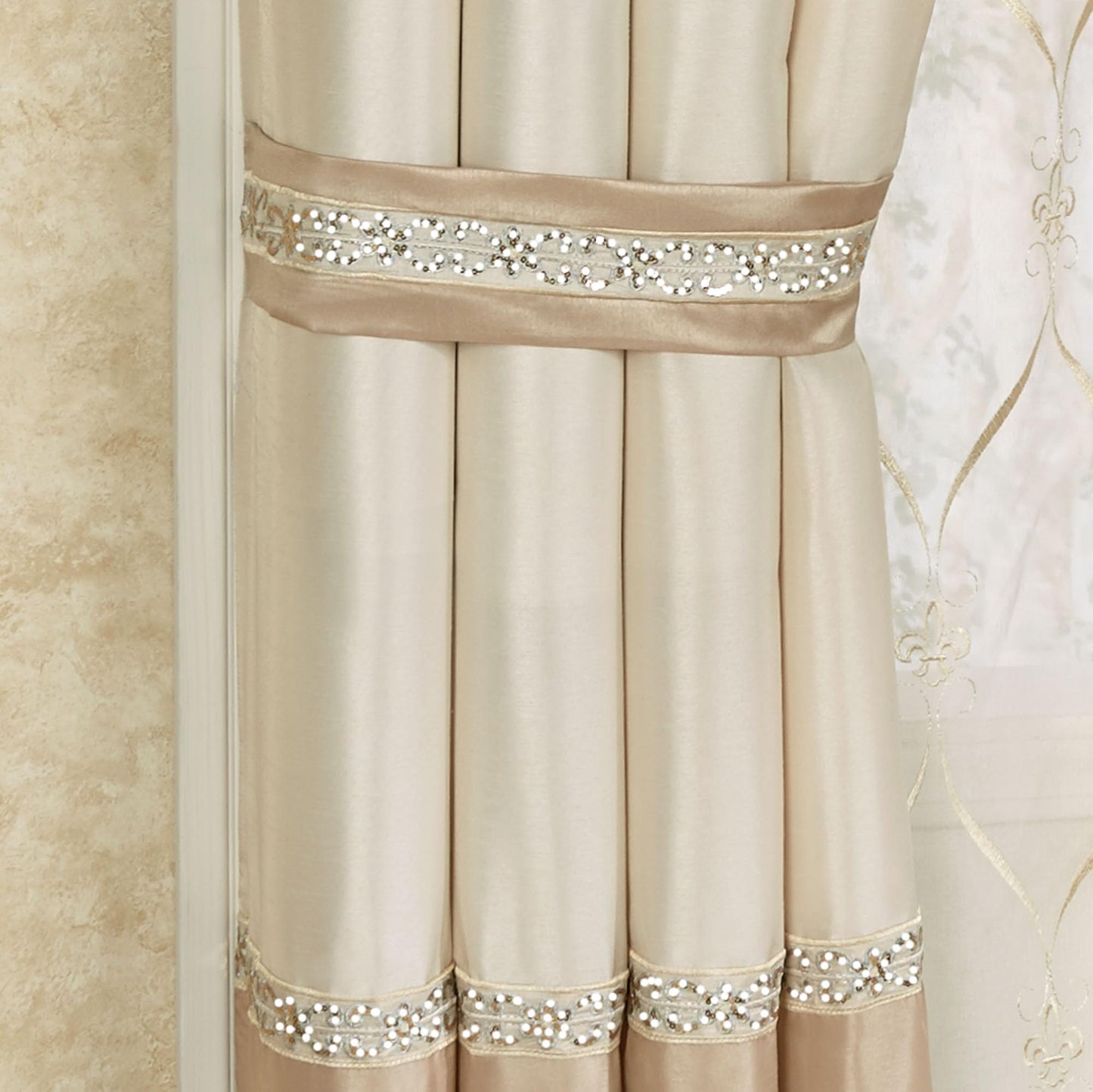 Luxury Elegante Sophisticated Polyester Faux Silk Window Treatment | Light Cream Ivory Metallic Gold | Shimmering Sequins Embroidery Floral | 2 Piece Set with Tuck Valance and 96L Curtain Pair