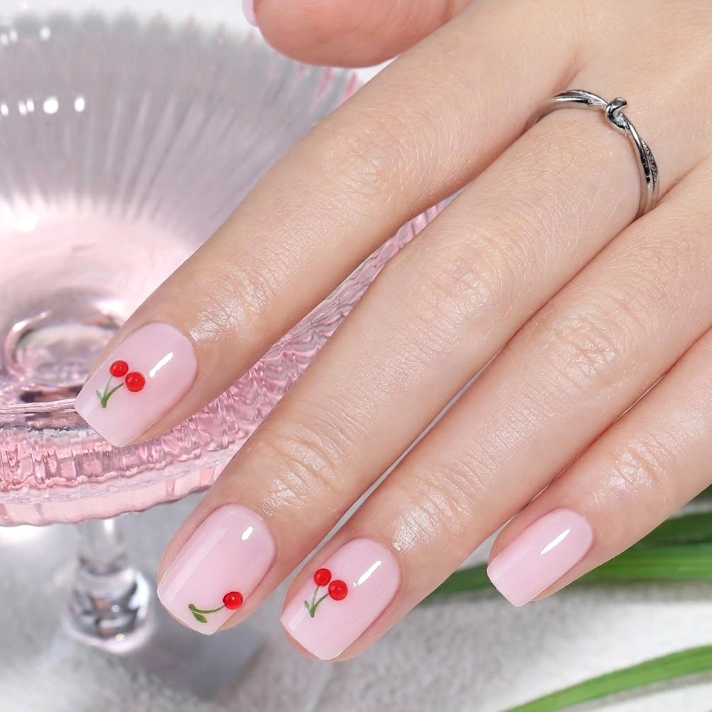 UNA GELLA Short Square Press On Nails Soft Gel - 32Pcs 16 Sizes Milky Pink Base Cherry Fake Nails with Glue and Adhesive Tabs, Reusable Glue On Nails Kit for Women Manicure