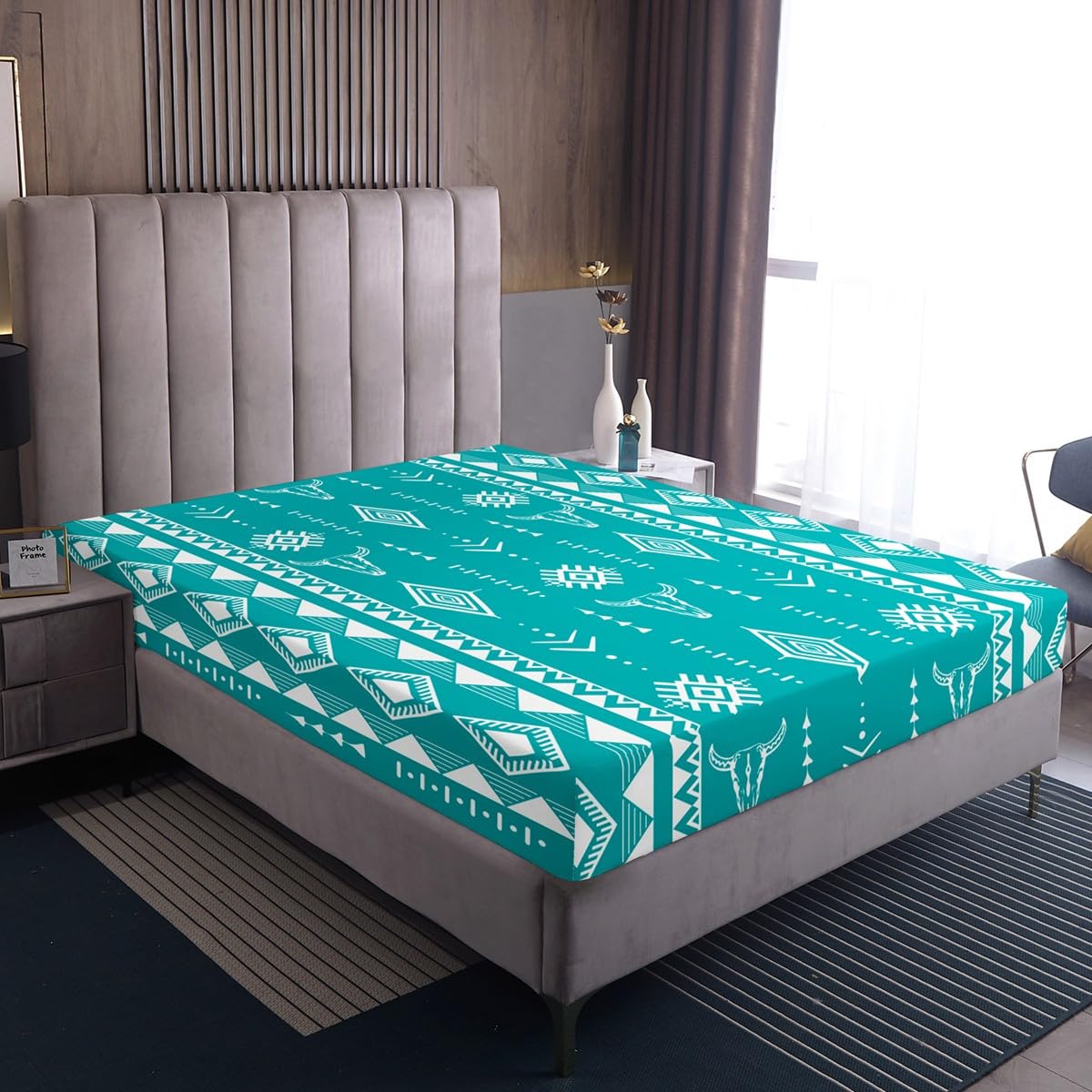Erosebridal Western Aztec Boho Flat Fitted Sheet, Bull Skull Bed Sheets Set Full Size for Boys Girls Men Women Home Decor, Southwestern Cowboy Bedding Set, Ethnic Horns Bed Sets