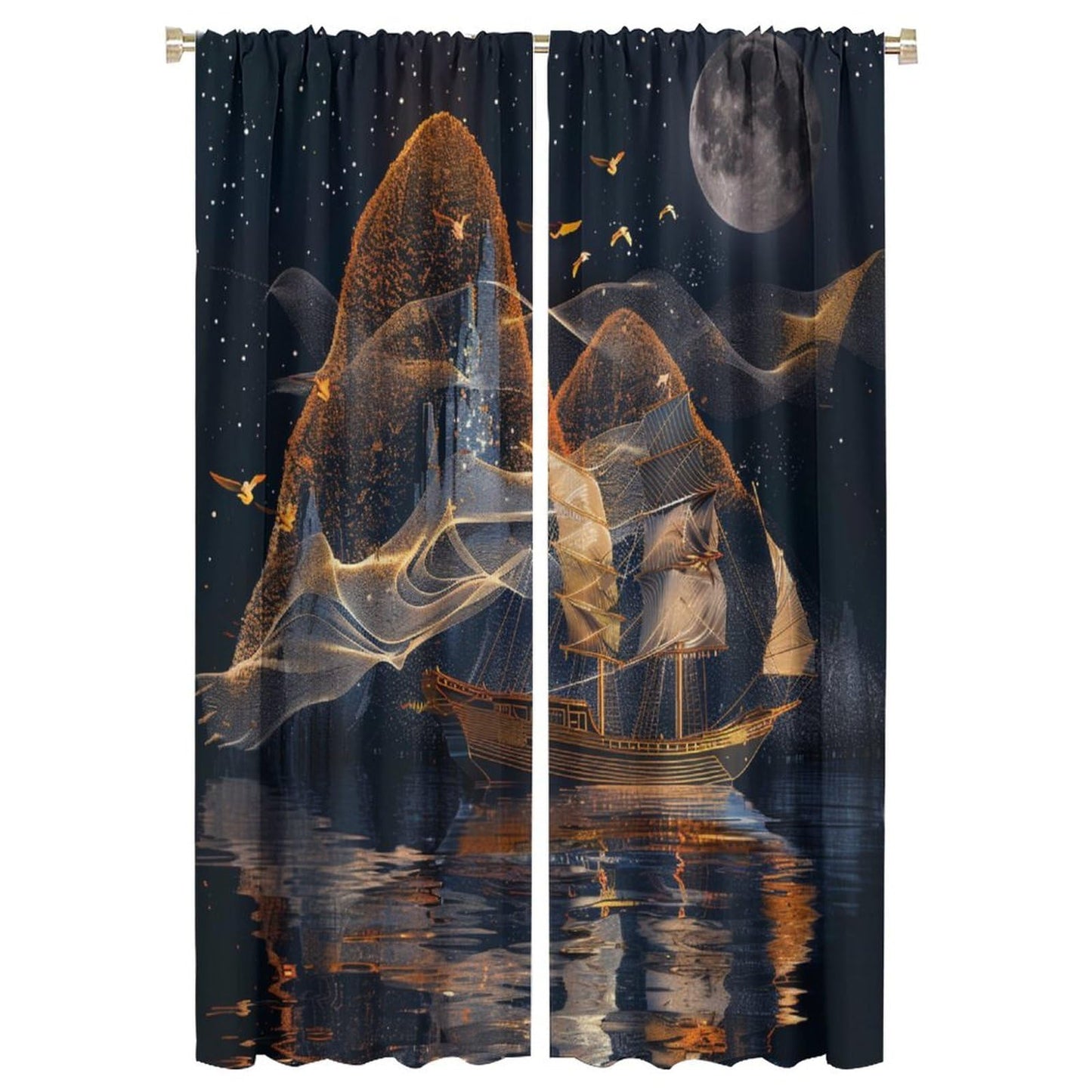 TOWINSFB Abstract Nautical Sailboat Blackout Curtains for Living Room Bedroom, Night Star Moon Seagull Window Curtains Rod Pocket Thermal Insulated Window Drapes, 2 Panels, Each 21W x 63L