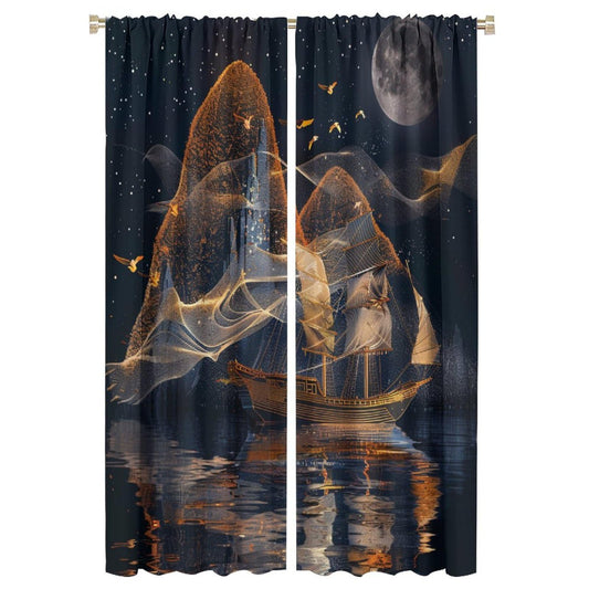 TOWINSFB Abstract Nautical Sailboat Blackout Curtains for Living Room Bedroom, Night Star Moon Seagull Window Curtains Rod Pocket Thermal Insulated Window Drapes, 2 Panels, Each 21W x 63L