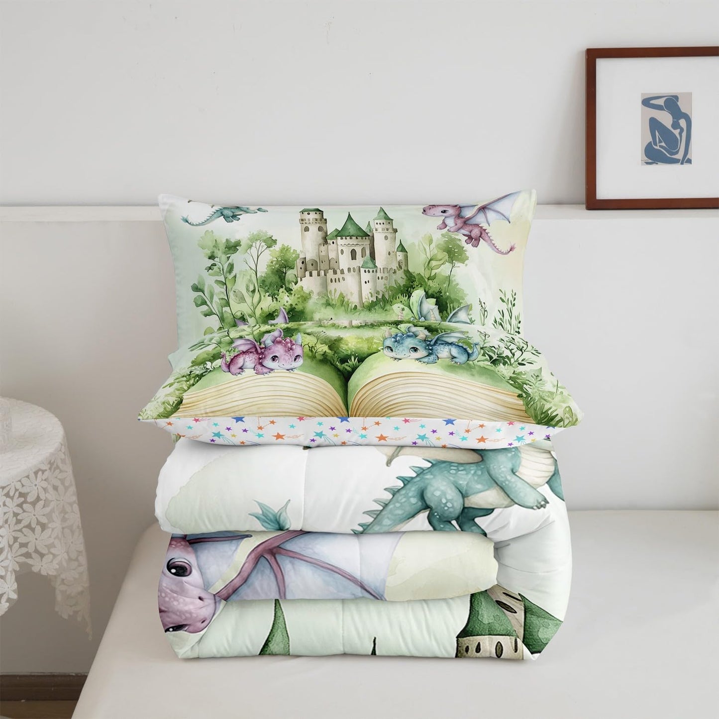 Kawaii Dragon Kids Comforter Sets Toddler Size,Jungle Princess Castle Bedding Comforter Sets,Boys Girls Magic Book Quilt Sets for Bedroom Decor,Green Plants Leaves Duvet Insert with 1 Pillowcase