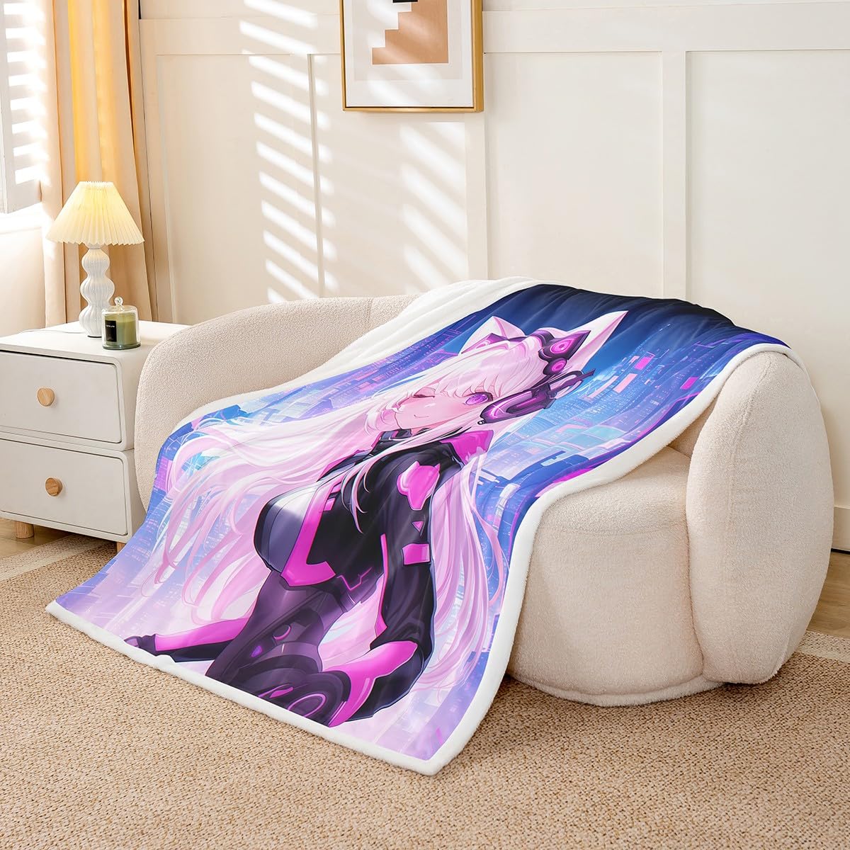 Erosebridal Twin Size Anime Girl Fleece Blanket, Kawaii Japanese Anime Sherpa Blanket Cartoon Girl Fuzzy Plush Throw Sci Fi Japanese Animation Decor for Bed Couch for Kids Girls Teens Adult