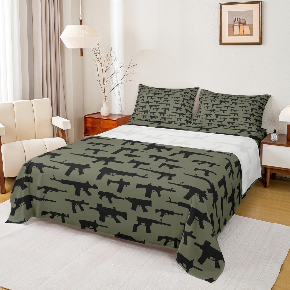 Erosebridal Machine Guns Bed Sheet Set King Size for Boys Teens Men Bedroom Military Theme Bedding Sets,Army Rifle Pattern Fitted Sheet & Flat Sheet Soft Microfiber Sheet Set 3 Piece Army Green