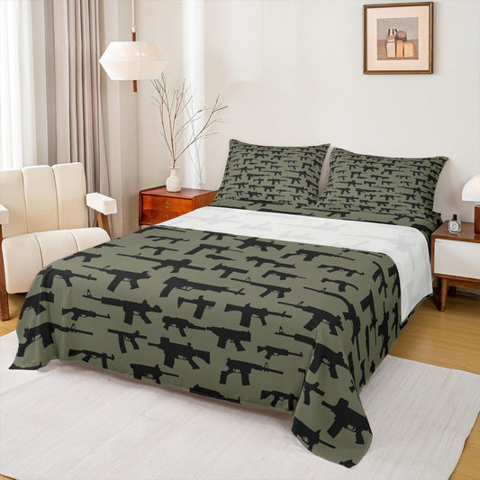 Erosebridal Machine Guns Bed Sheet Set King Size for Boys Teens Men Bedroom Military Theme Bedding Sets,Army Rifle Pattern Fitted Sheet & Flat Sheet Soft Microfiber Sheet Set 3 Piece Army Green