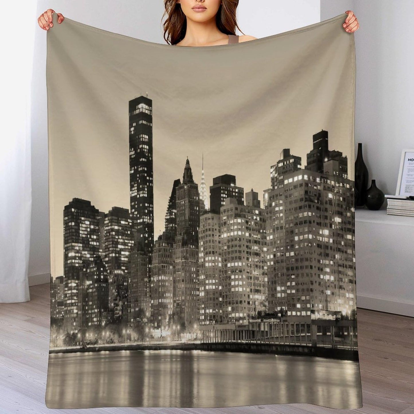 City Landscape Throw Blanket,New York Manhattan Cityscape Ocean Coast Scenery Pattern Soft Cozy Warm Flannel Blankets for Sofa Couch Bed Gifts for Lover Kids Boys Grils Women Adults 30x40 Inch