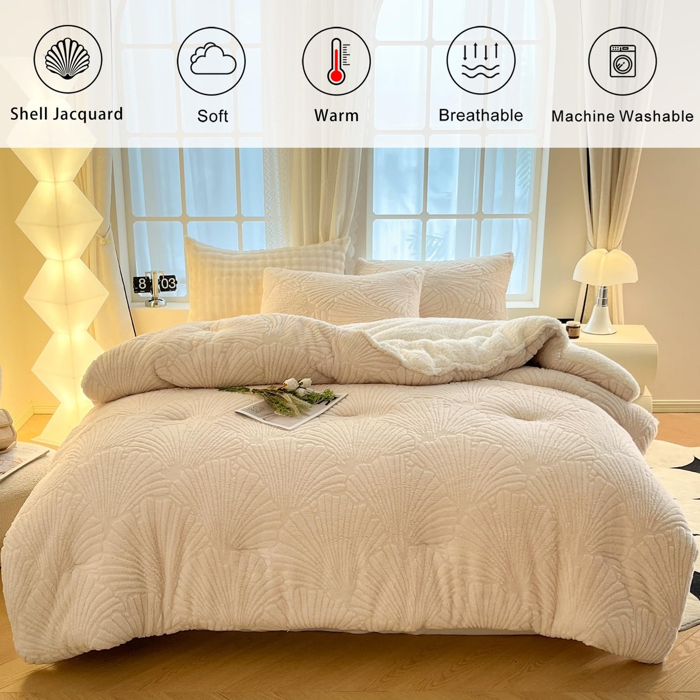 tohrisa Seashell Jacquard Sherpa Comforter Set Warm Cozy Premium Bedding 3 Pieces, King Size Geometric Pattern Quilt Comforter with 2 Pillowcases(104"X90" Ivory White)