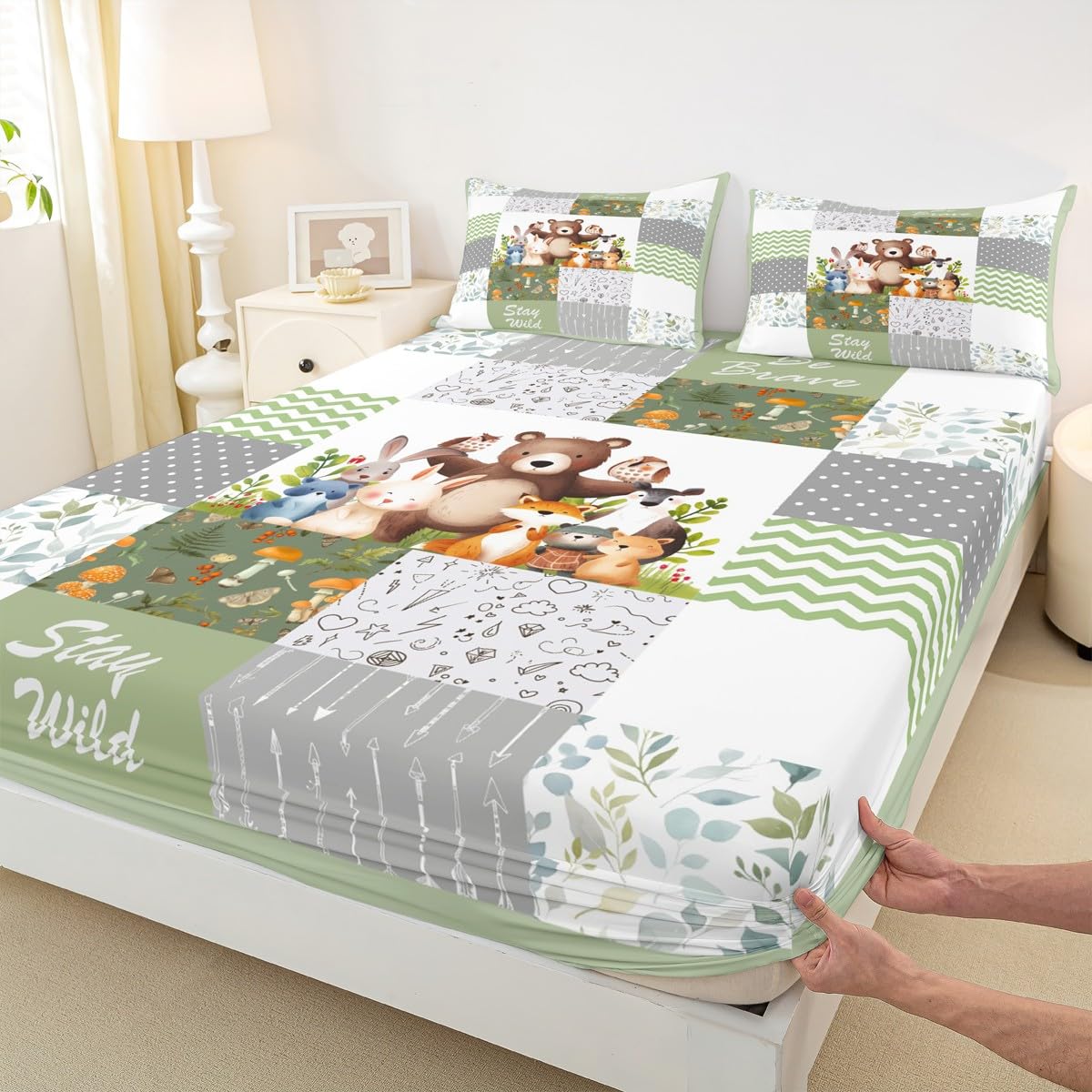 Cartoon Animals Kids Fitted Sheet Queen Size,Cute Bear Fox Deer Mushroom Bedding Set,Boys Girls Adults Room Decor,Geometric Plaids Stripes Bed Cover,Arrows Boho Bed Sheet,2 Pillowcases