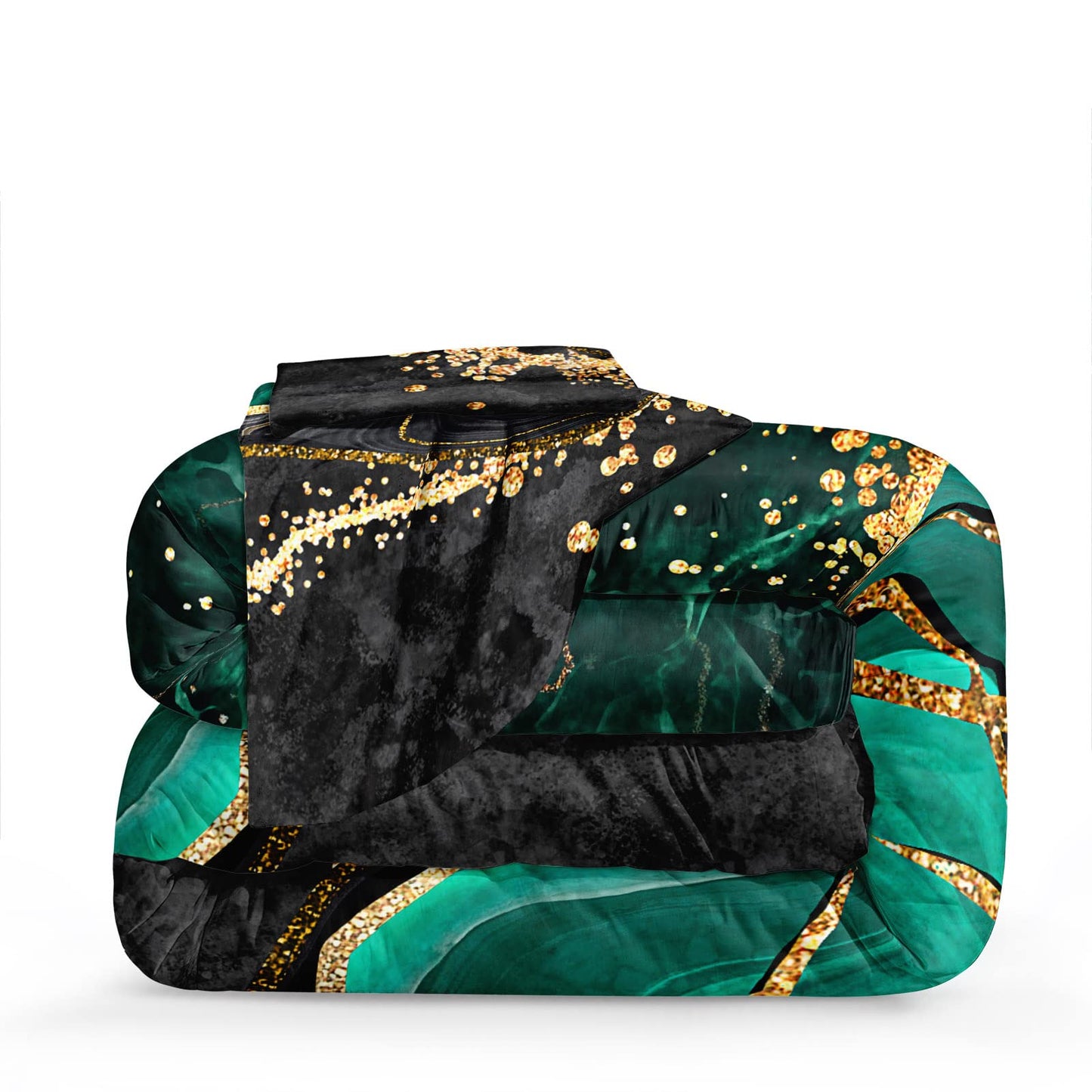 Queen Comforter Set Emerald Green, Marble Bedding Comforter Set, Metallic Foil Print Black Gold Bedding Dark Green Abstract Modern Comforter Set