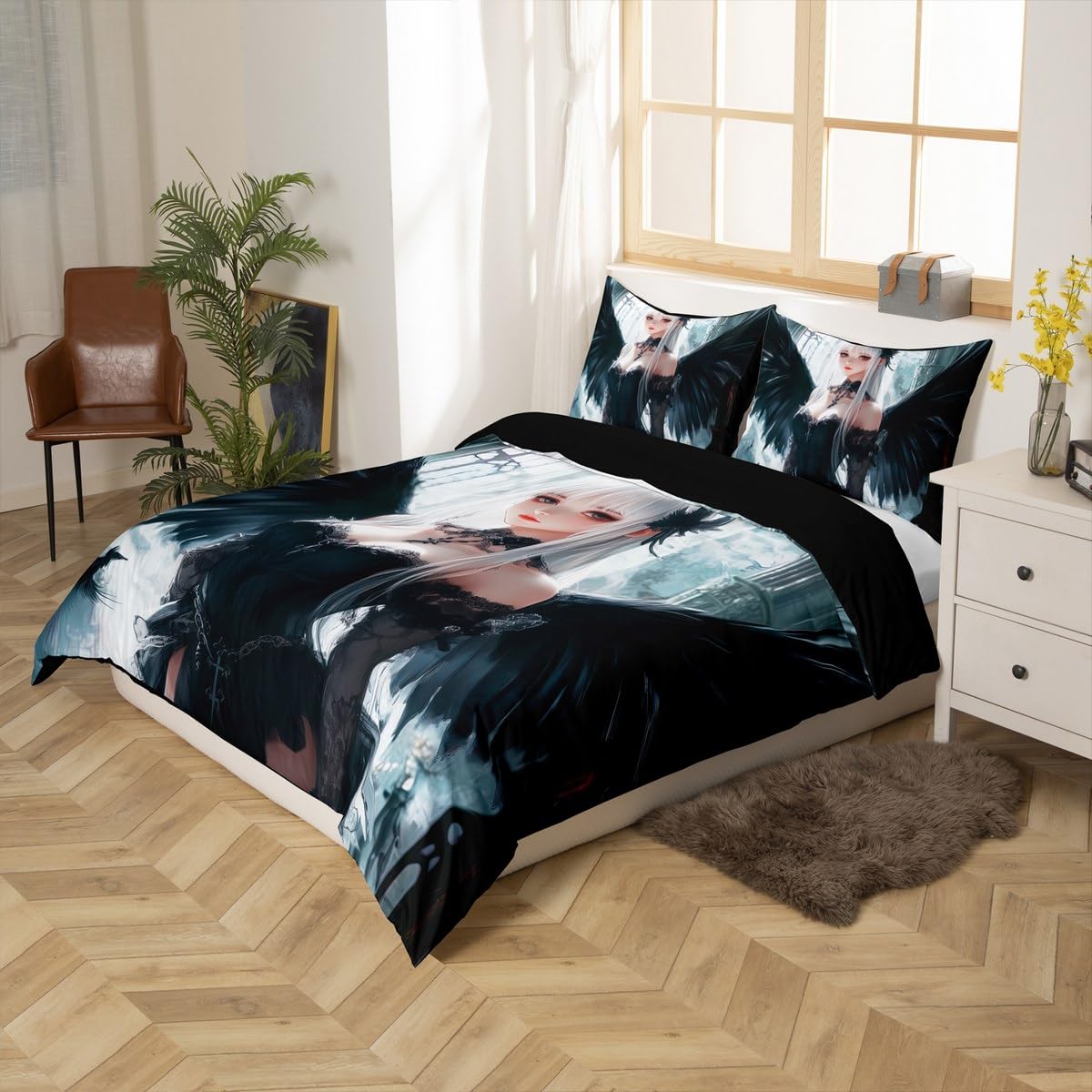 Erosebridal Anime Girl Duvet Cover Full Size, Kawaii Japanese Anime Bedding Set for Kids Boys Teens Adult, Cartoon Girl Comforter Cover Japan Animation Bedroom, Machine Washable, Black White