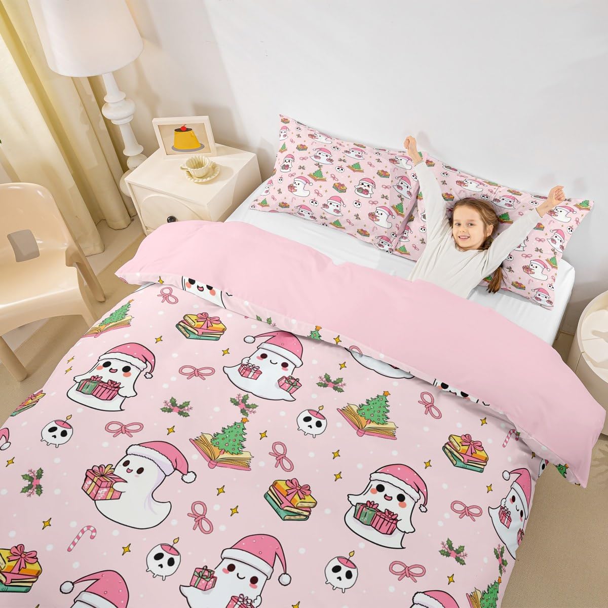 Christmas Ghost Duvet Cover Set Twin Size,Pink Santa's Hat Bedding Sets 2Pcs for Kids Girls Boys Adult Room Decor,Cartoon Christmas Tree Comforter Cover Candy Stars Print Quilt Cover,1 Pillowcase