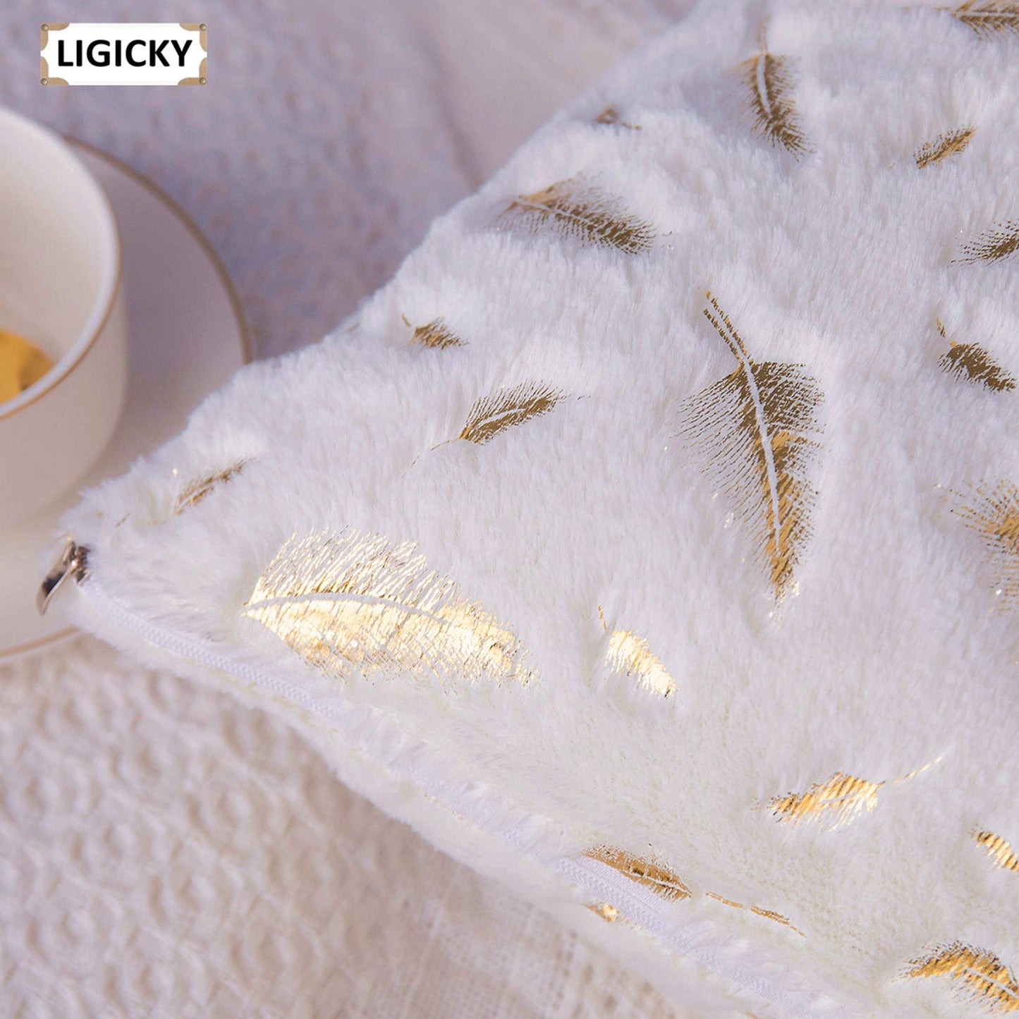 LIGICKY Set of 2 Decorative White Faux Fur Gold Feathers Gilding Leaves Throw Pillow Covers Sparkling Throw Pillow Covers Fluffy Plush Soft Square Cushion Cases for Sofa Bedroom Party Décor, 16" x 16"